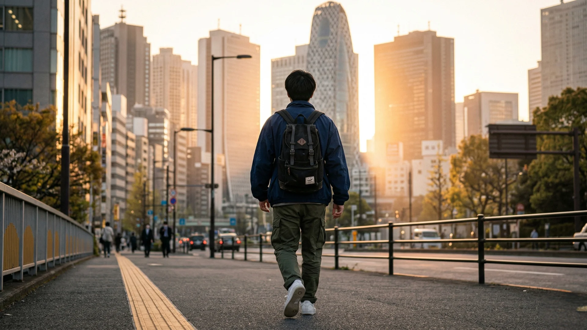 街を歩く青年の後ろ姿